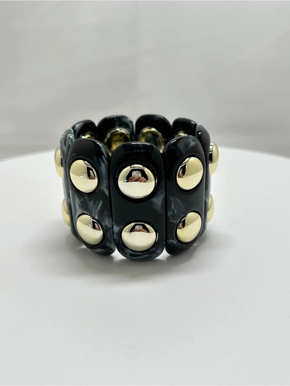 Black White And Gold Marbled Lucite Wide Bracelet, Stretch